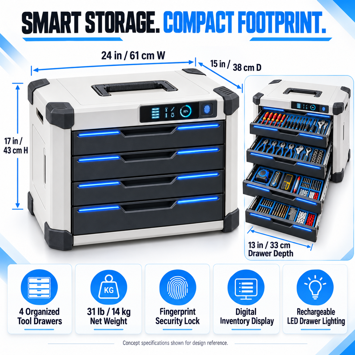 Smart Drawer-Style Family Tool Chest with Fingerprint Lock & LED Organization