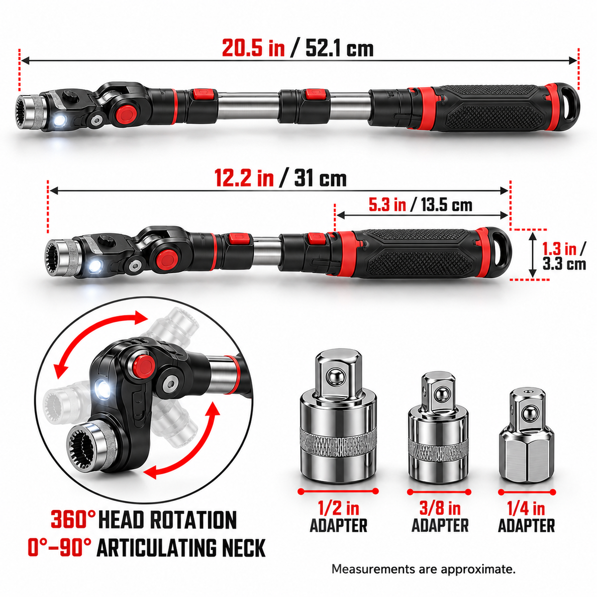 360° Articulating Tight-Space Wrench – Telescoping Ratchet With LED Work Lights