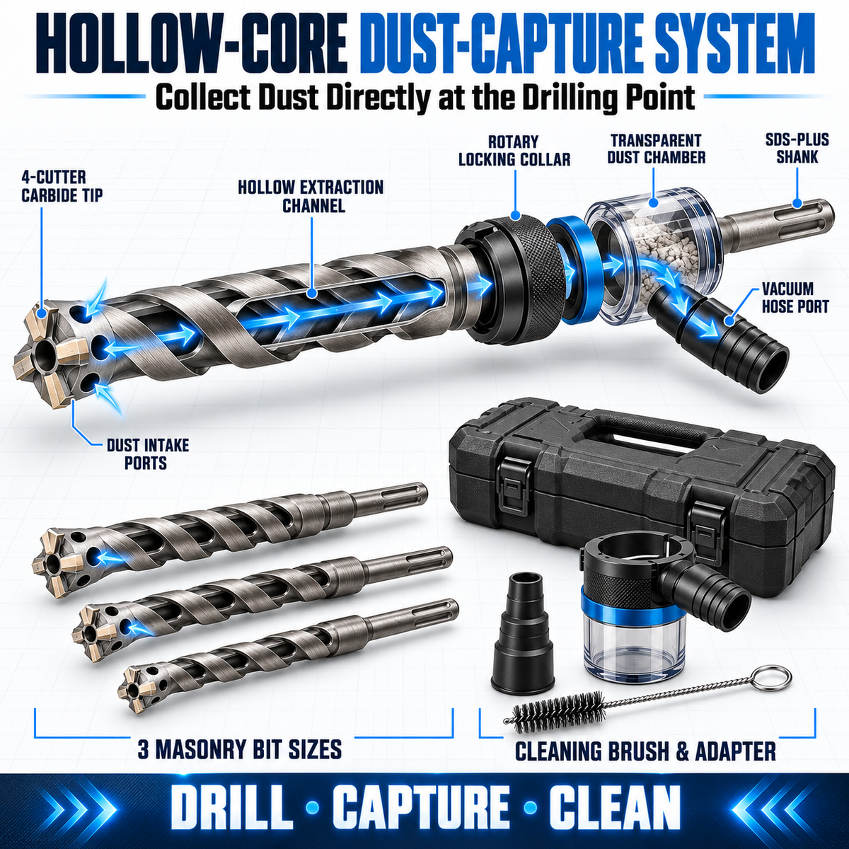 3-Piece Dust-Capture Hollow-Core Masonry Drill Bit Set