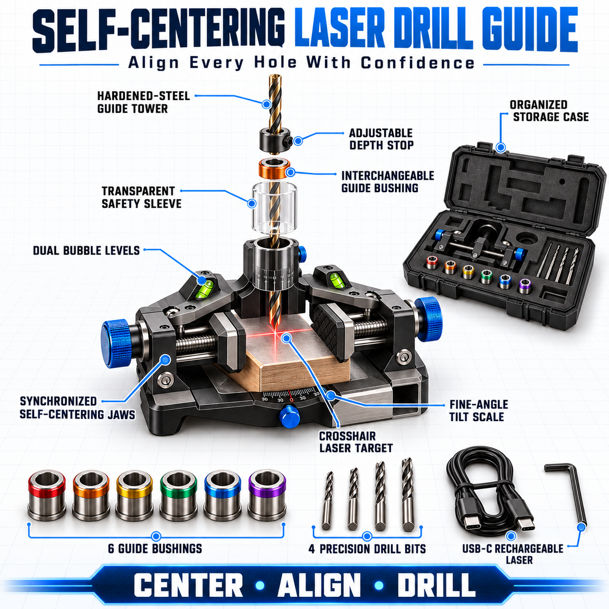 Self-Centering Laser-Guided Precision Drill Jig Kit