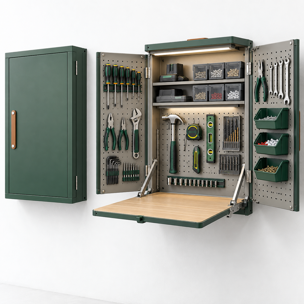 Wall-Mounted Fold-Out Tool Workshop with LED Light & Built-In Work Surface