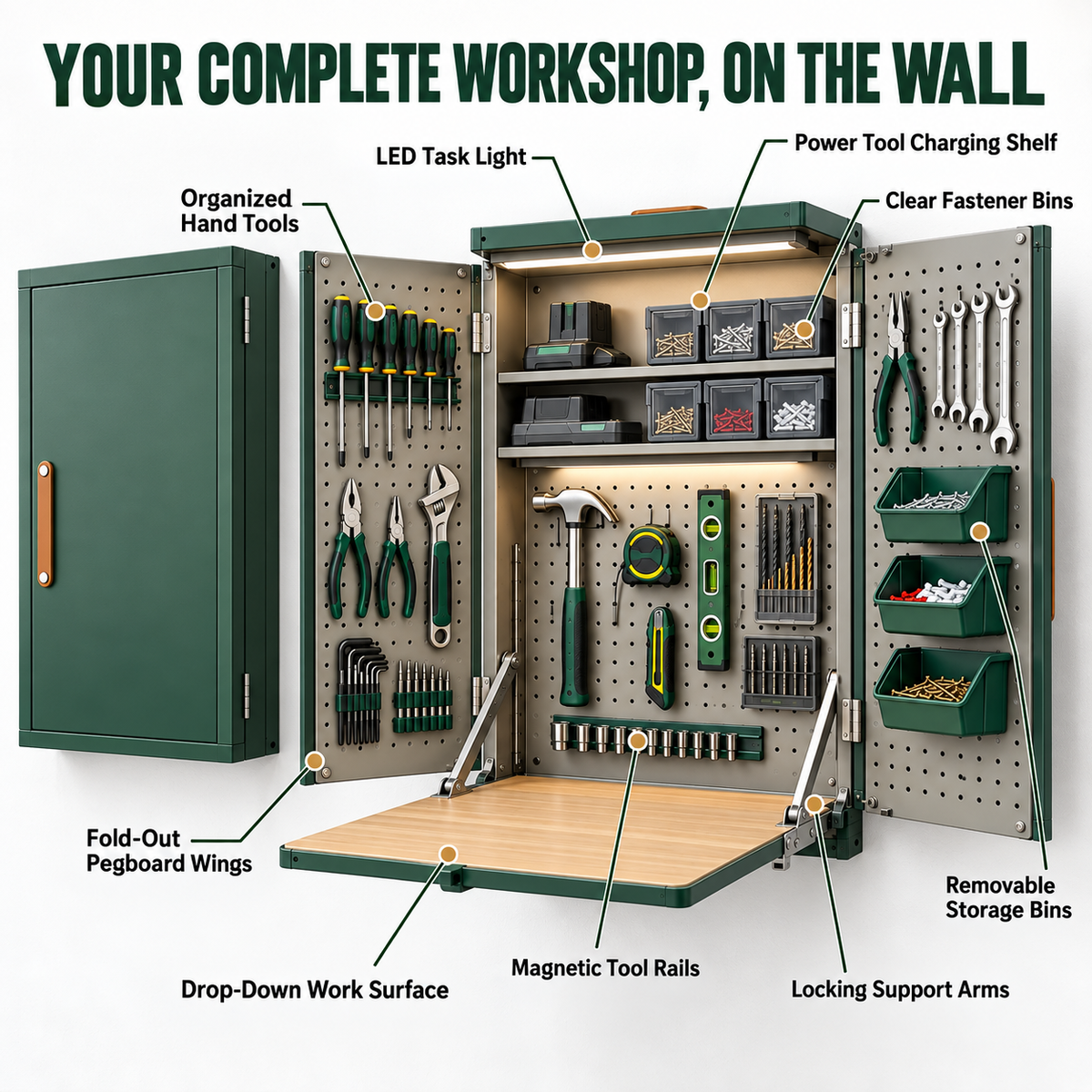 Wall-Mounted Fold-Out Tool Workshop with LED Light & Built-In Work Surface