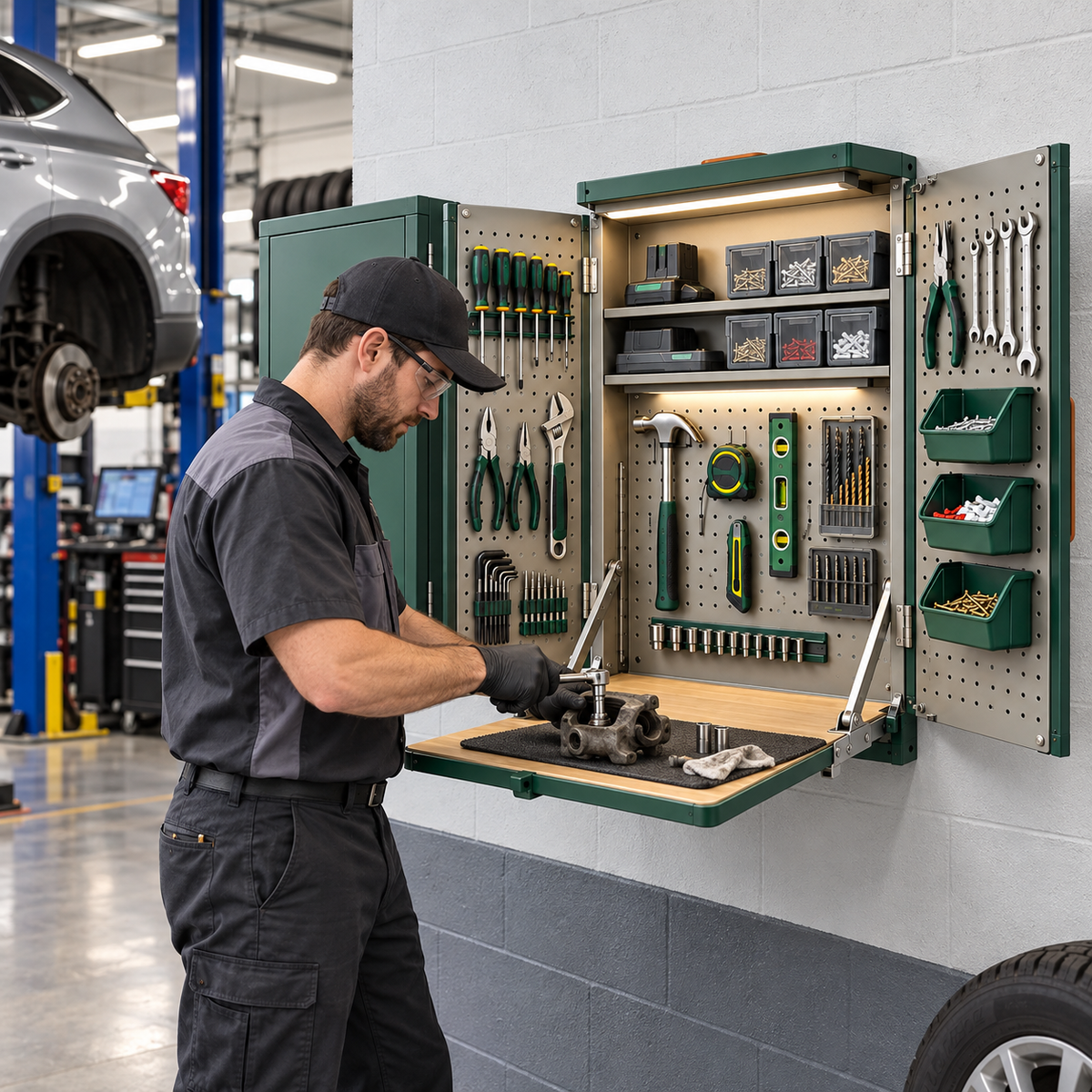 Wall-Mounted Fold-Out Tool Workshop with LED Light & Built-In Work Surface