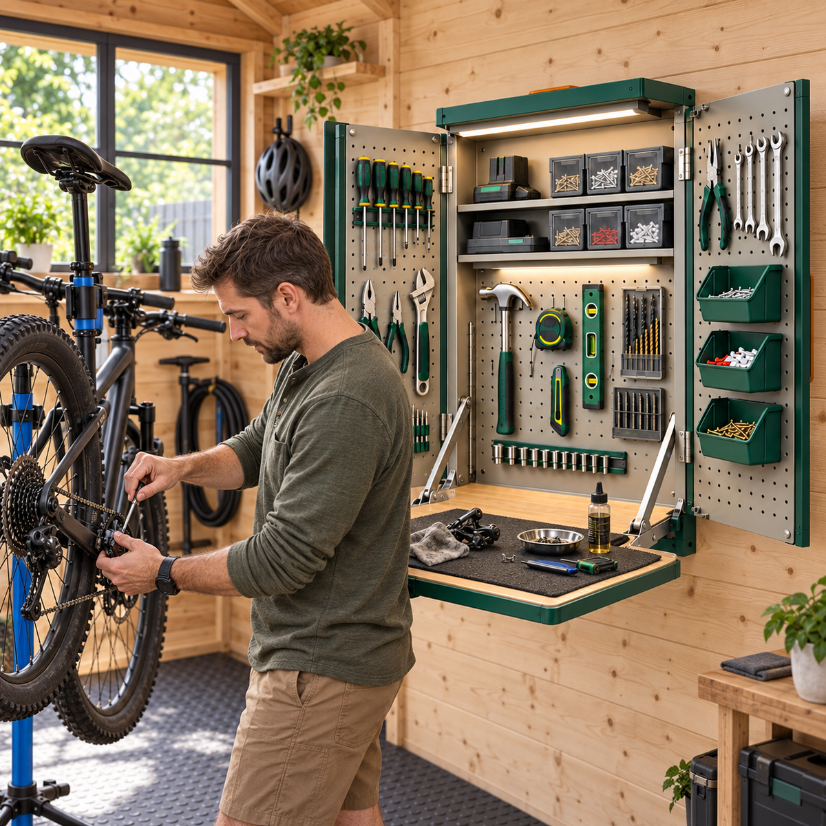 Wall-Mounted Fold-Out Tool Workshop with LED Light & Built-In Work Surface