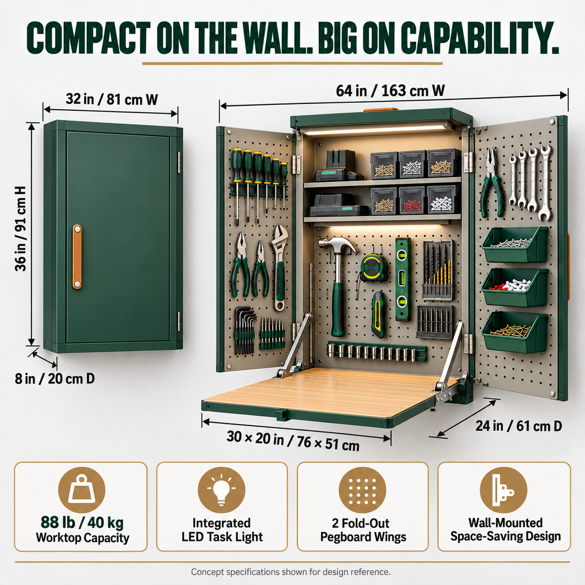 Wall-Mounted Fold-Out Tool Workshop with LED Light & Built-In Work Surface