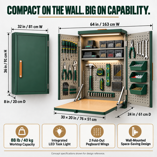 Wall-Mounted Fold-Out Tool Workshop with LED Light & Built-In Work Surface