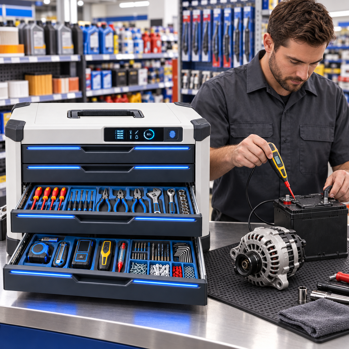 Smart Drawer-Style Family Tool Chest with Fingerprint Lock & LED Organization