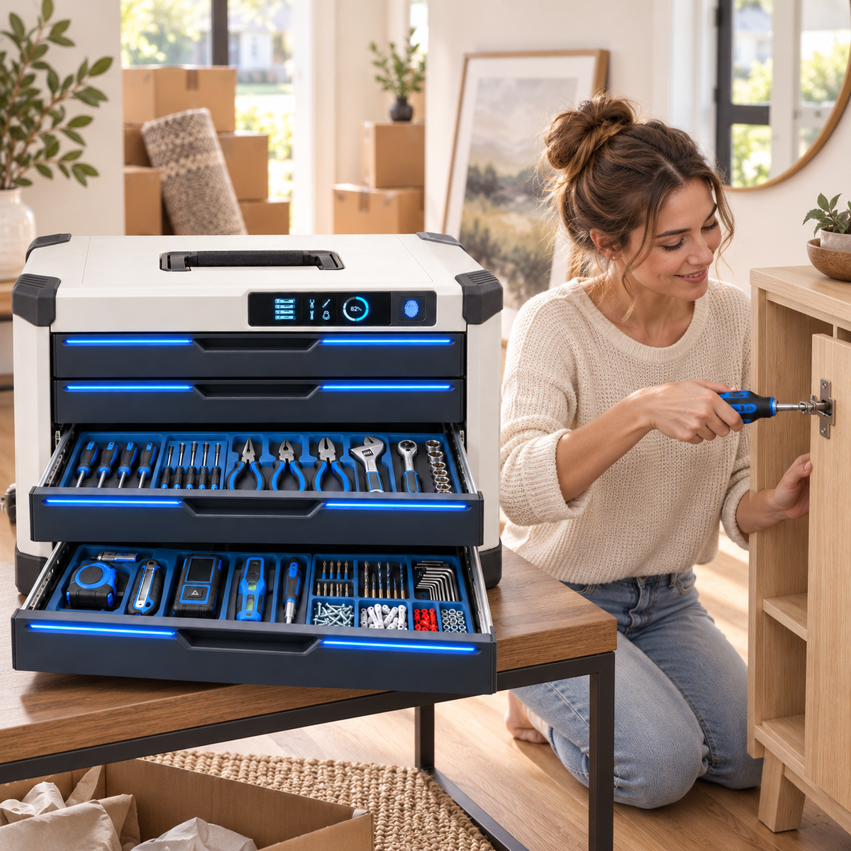 Smart Drawer-Style Family Tool Chest with Fingerprint Lock & LED Organization