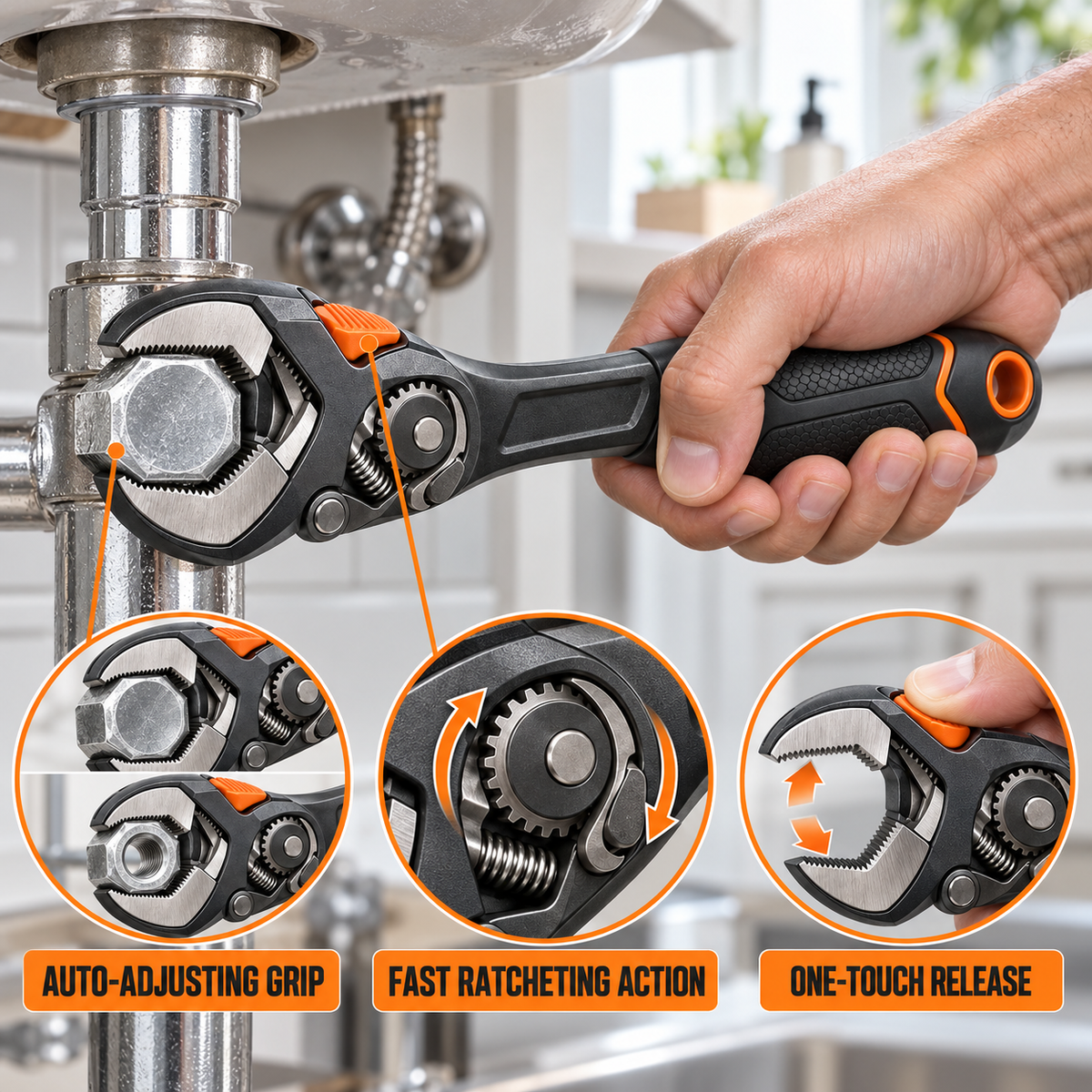 Auto-Adjusting Ratcheting Wrench – One-Hand Multi-Size Repair Tool