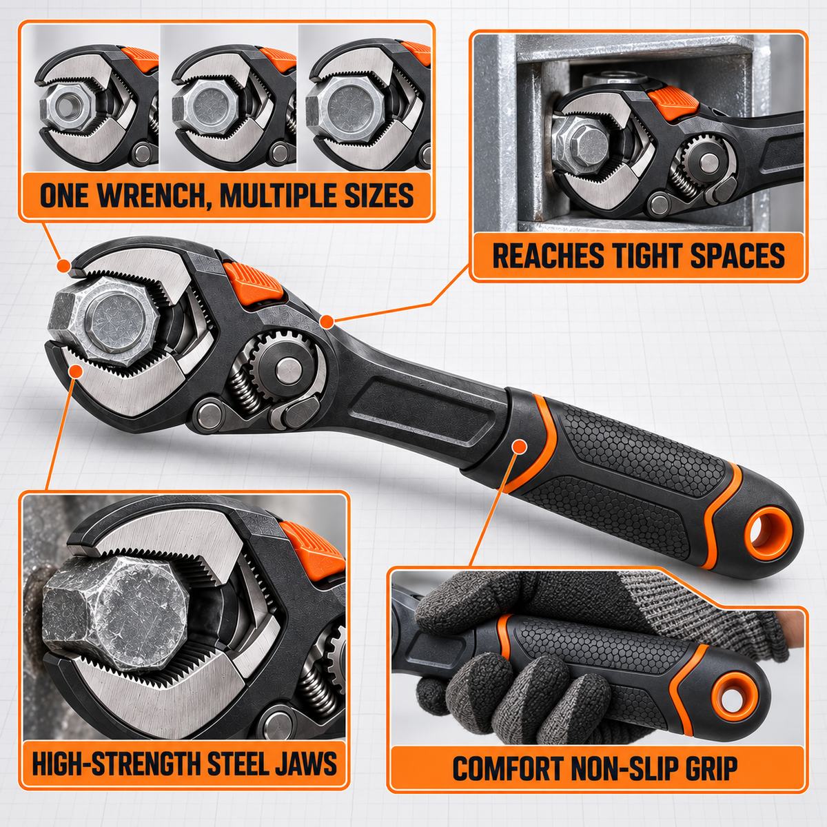 Auto-Adjusting Ratcheting Wrench – One-Hand Multi-Size Repair Tool