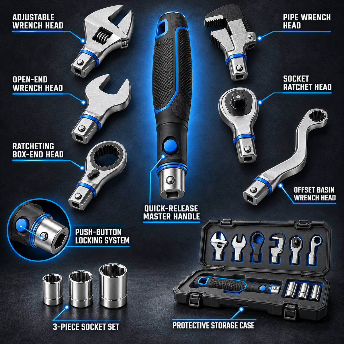 Modular Multi-Head Wrench System – 10-Piece Quick-Change Repair Kit