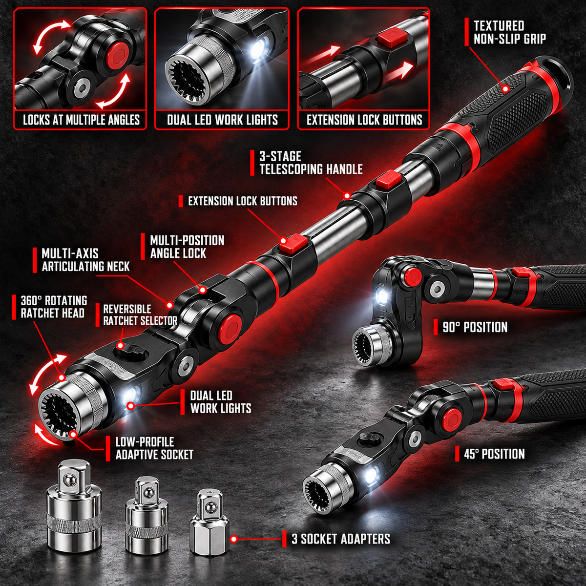 360° Articulating Tight-Space Wrench – Telescoping Ratchet With LED Work Lights